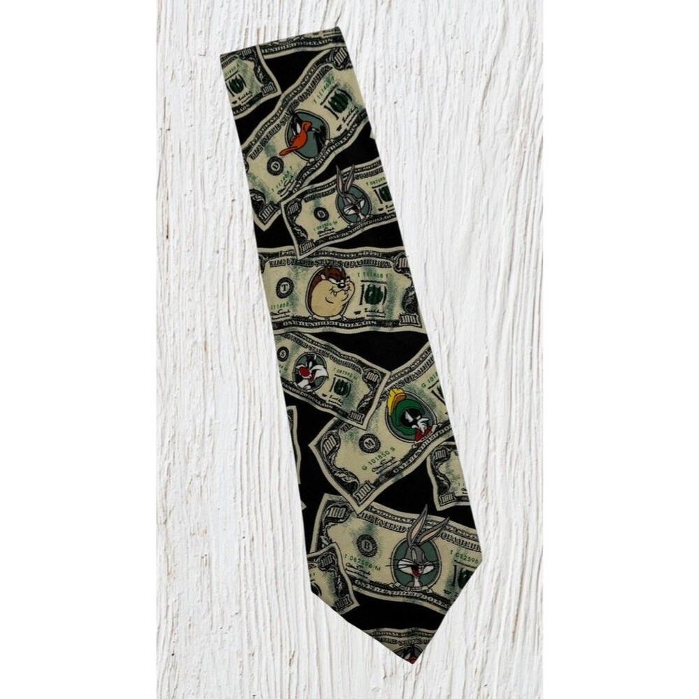Vintage Looney Tunes Mania Mens Tie 1995 Bugs Bunny Daffy Duck Money Bills